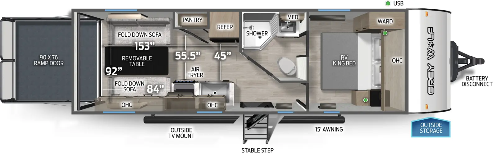 The Cherokee Black Label 22RRBL floorplan is a toy hauler that has one entry and zero slide outs. Exterior features include: fiberglass exterior and 15' awning. Interiors features include: front bedroom.